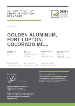 ASI CoC Certification for Golden Aluminum, highlighting commitment to sustainable and ethical aluminum sheet manufacturing processes.