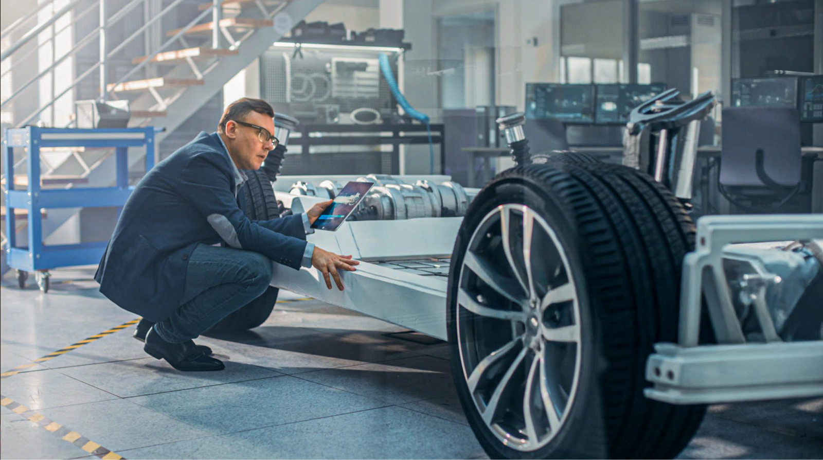 Engineer inspecting EV chassis with aluminum components for lightweight, durable automotive design.