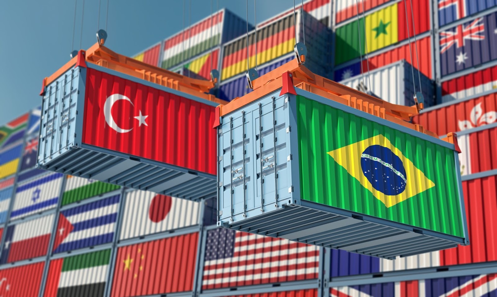 Shipping containers with national flags of Turkey and Brazil representing global aluminum trade and international import policies.