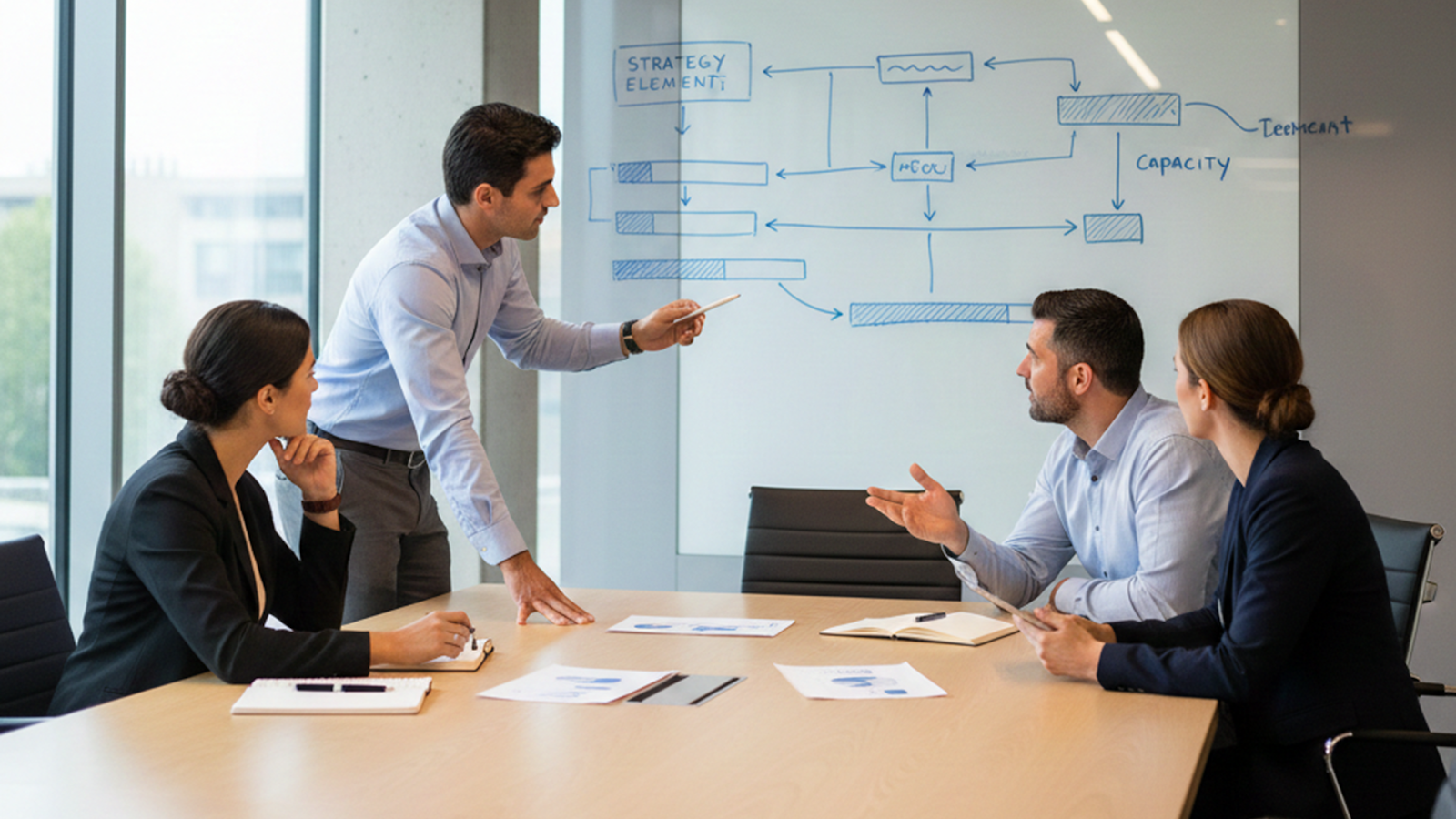 Team meeting reviewing a sourcing plan on a whiteboard in a conference room