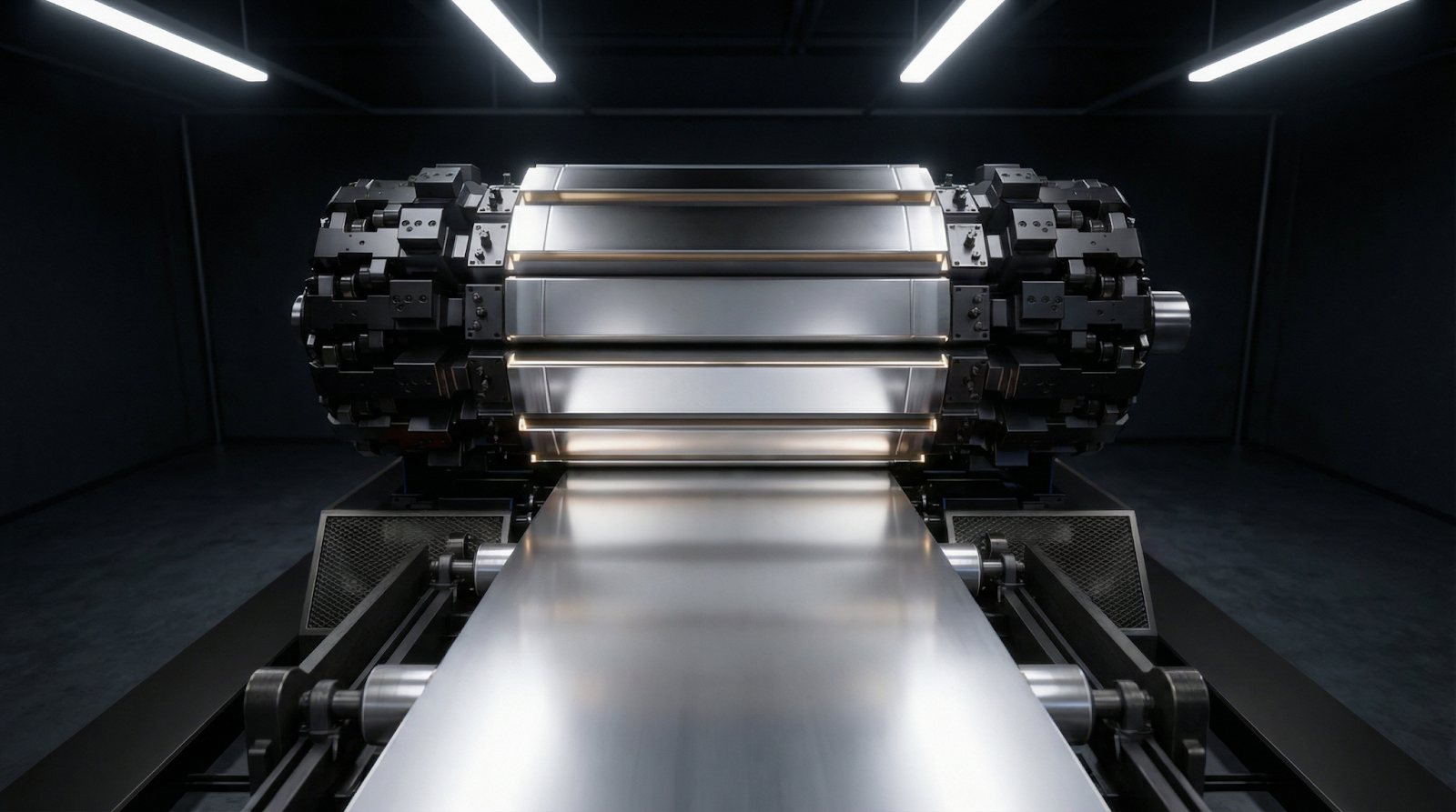 Front view of the Nexcast® roller with aluminum strip running under overhead lights.