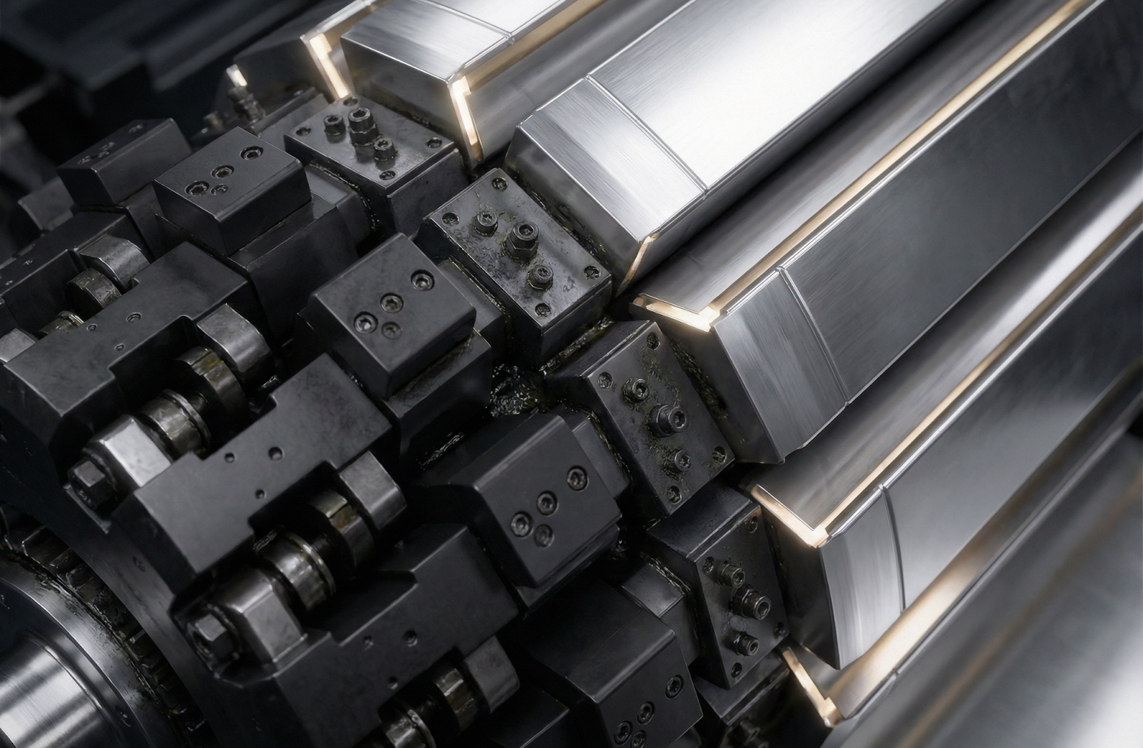 Close-up of the Nexcast® roller and tooling blocks with polished aluminum surfaces.