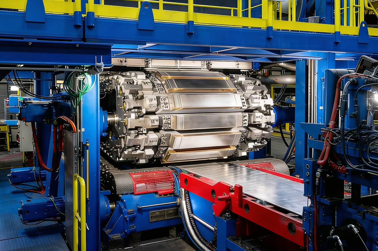 Nexcast® continuous casting roller feeding a sheet of aluminum coil on the production line.