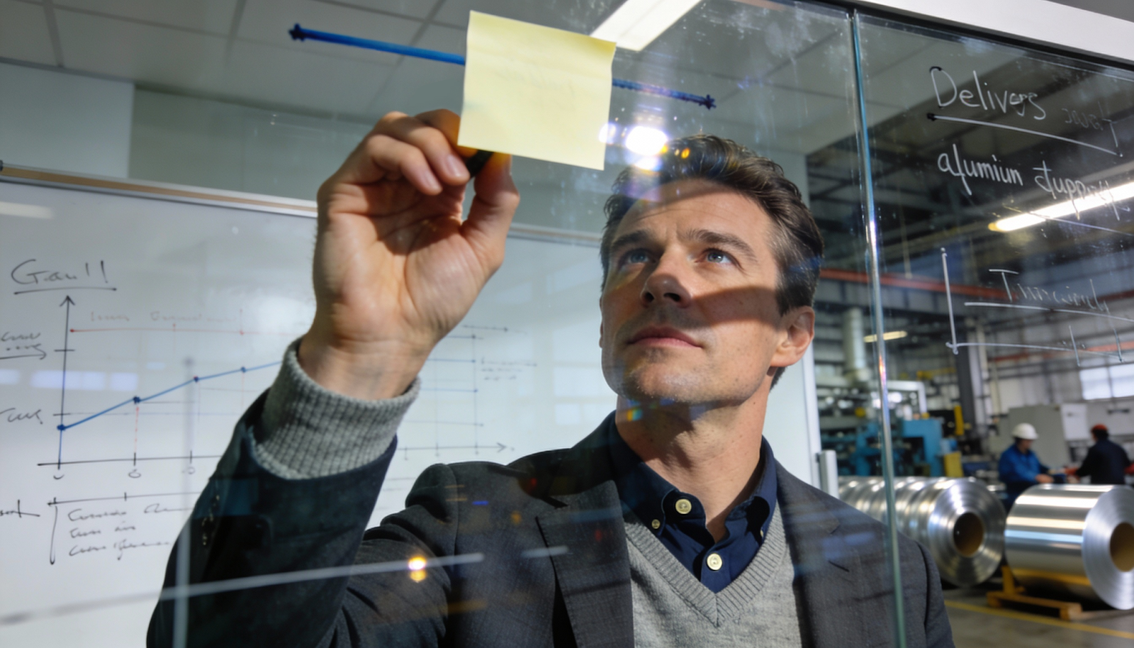 Manufacturing professional writing delivery and aluminum supply notes on a glass planning board.