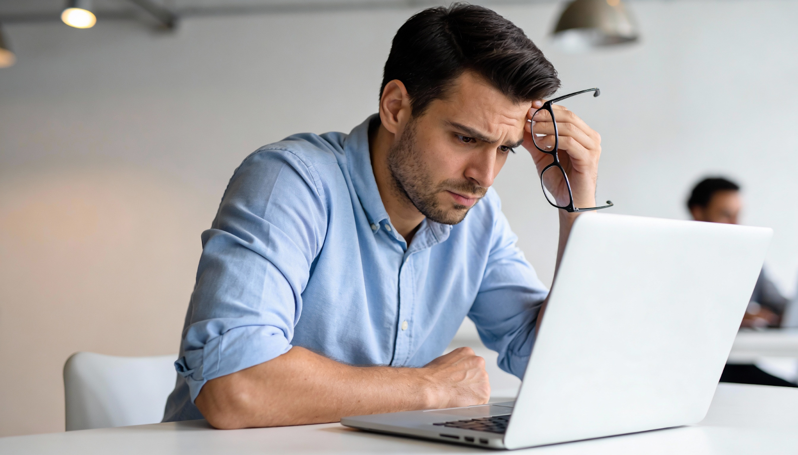 Frustrated professional holding his glasses while waiting for a supplier response on his laptop.