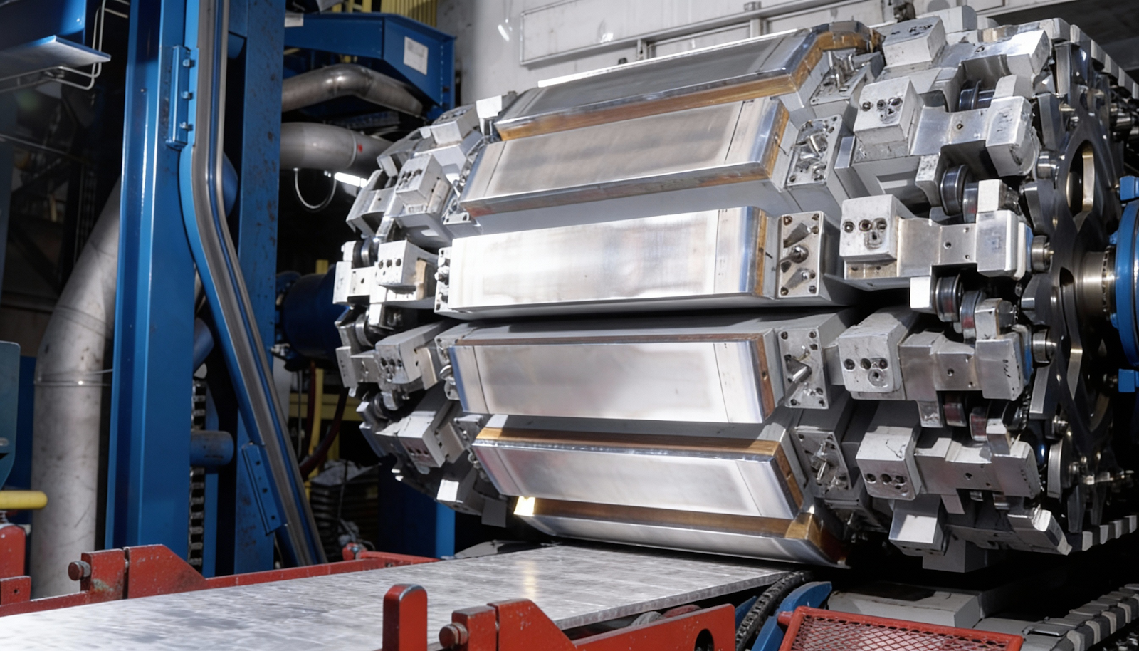 Close-up of aluminum continuous casting machinery components inside a production facility.