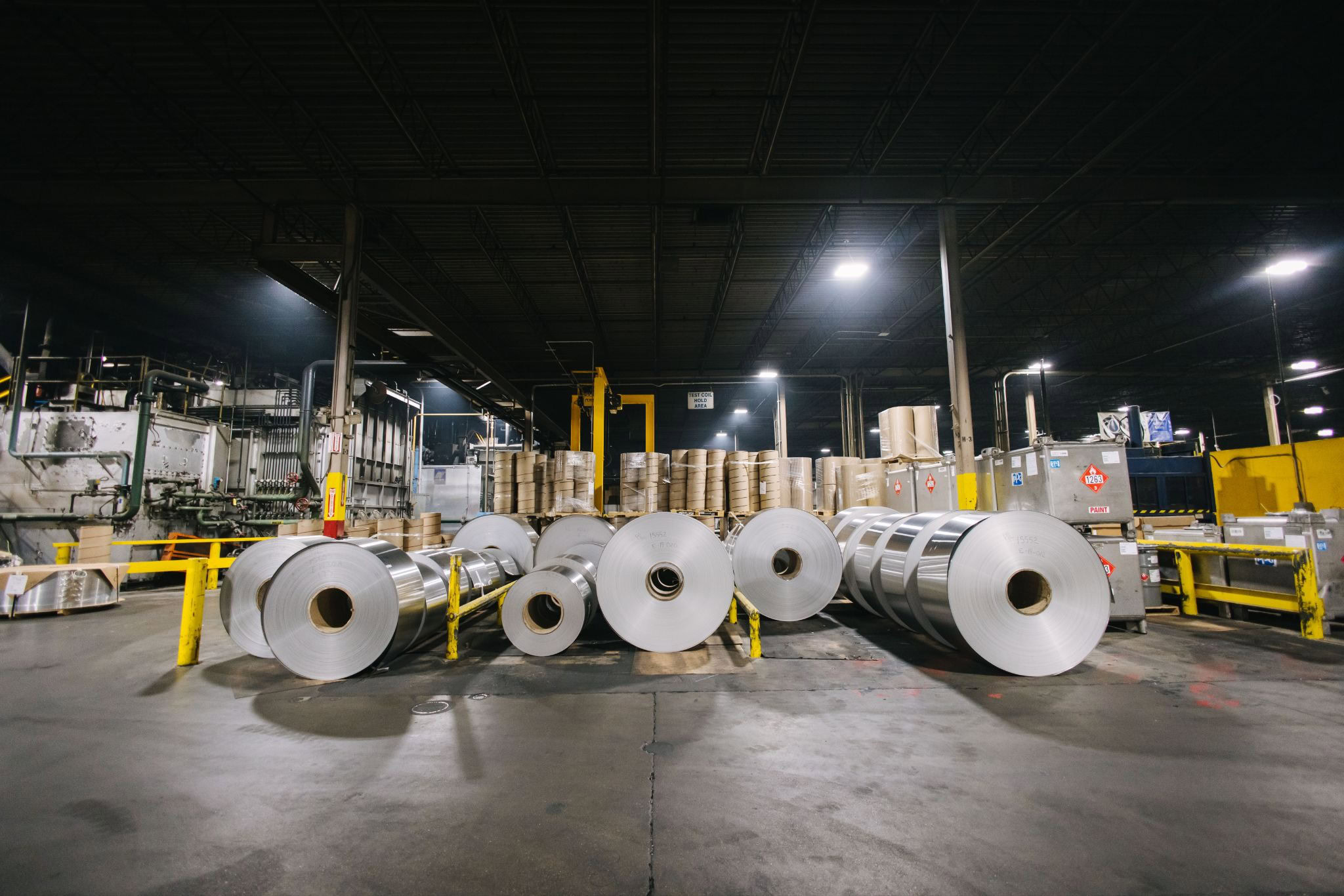 Flat-rolled aluminum coils on the production floor at Golden Aluminum's mill in Fort Lupton, Colorado.