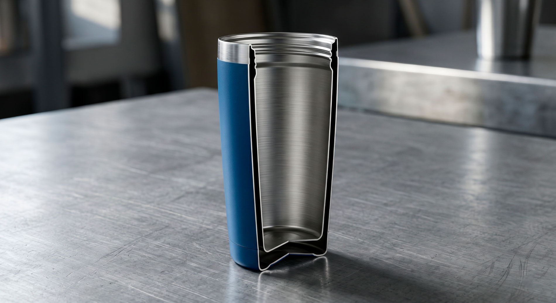 Cross-section of a double-wall vacuum-insulated tumbler revealing the sealed airless gap between its two walls
