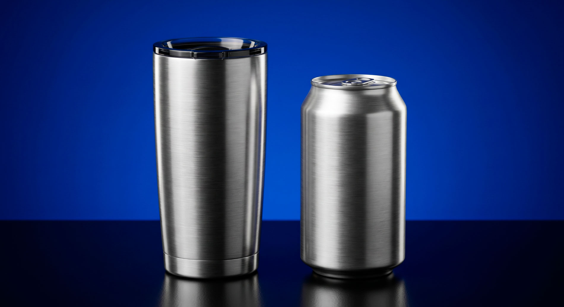 Stainless steel vacuum-insulated tumbler and aluminum beverage can side by side, representing the two competing metal formats in the drinkware and packaging industries