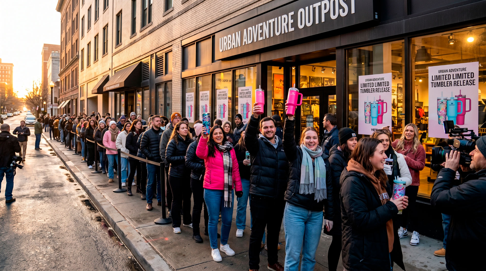Crowd of shoppers lined up outside a retail store for a limited vacuum-insulated tumbler release, holding tumblers in the air