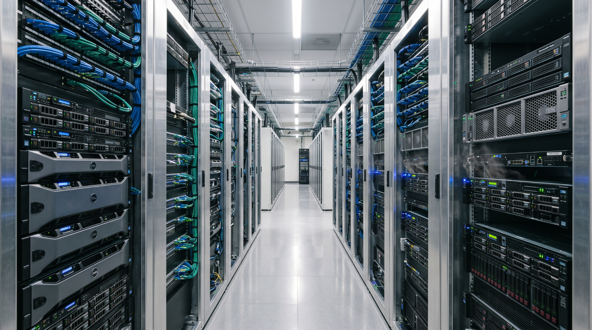 Row of illuminated server racks lining an aisle inside a modern data center