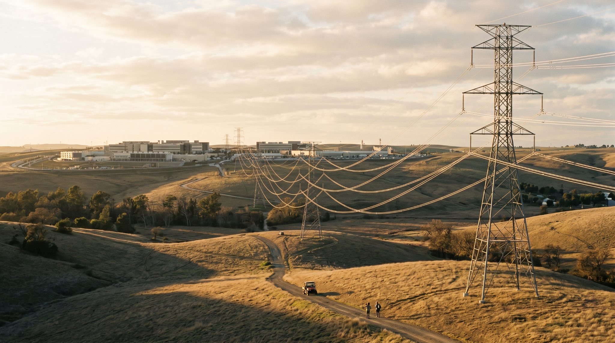 High-voltage transmission towers carrying power lines beside an industrial facility at dusk