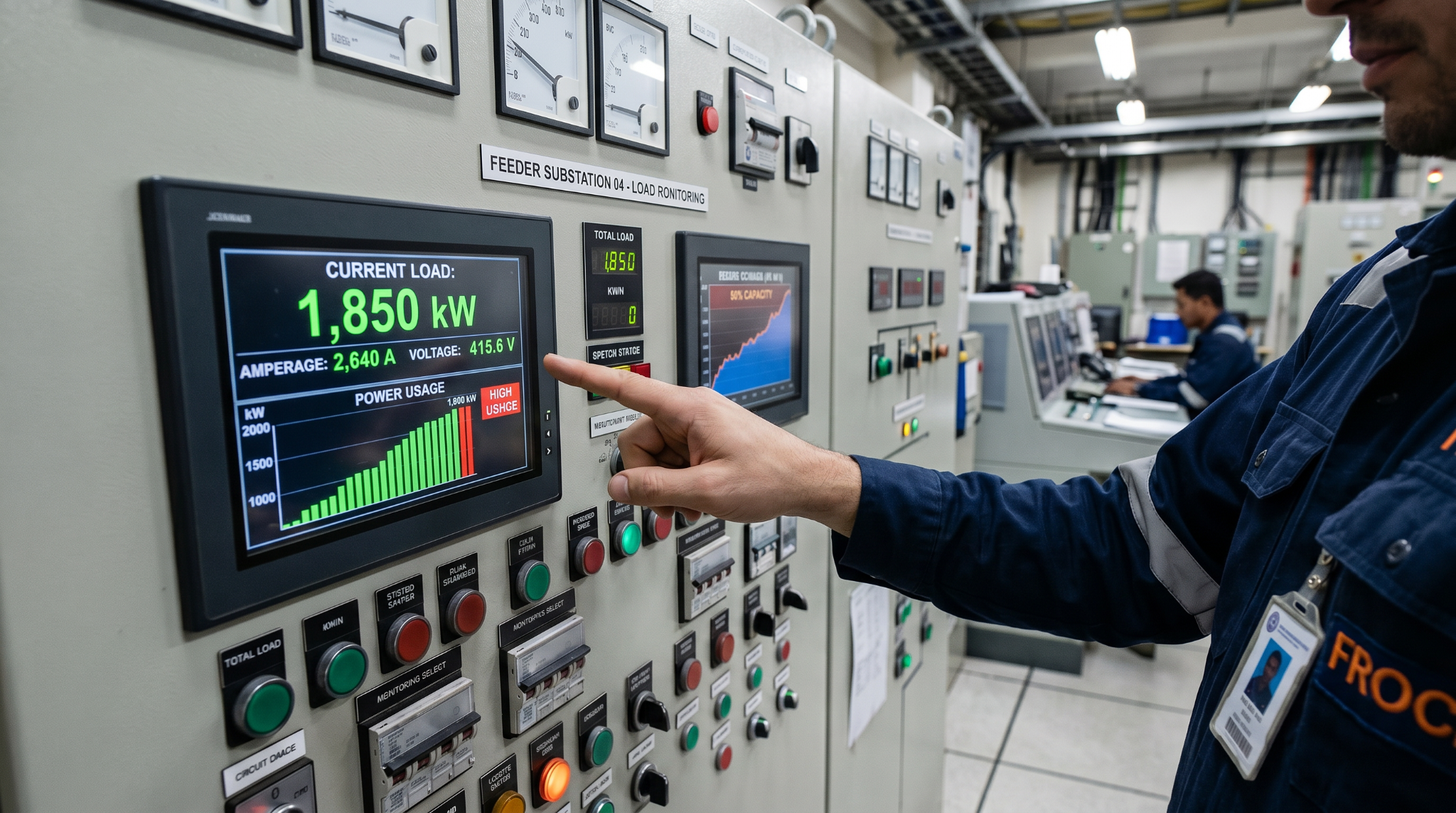 Worker pointing at a control panel screen displaying a facility's live electricity load