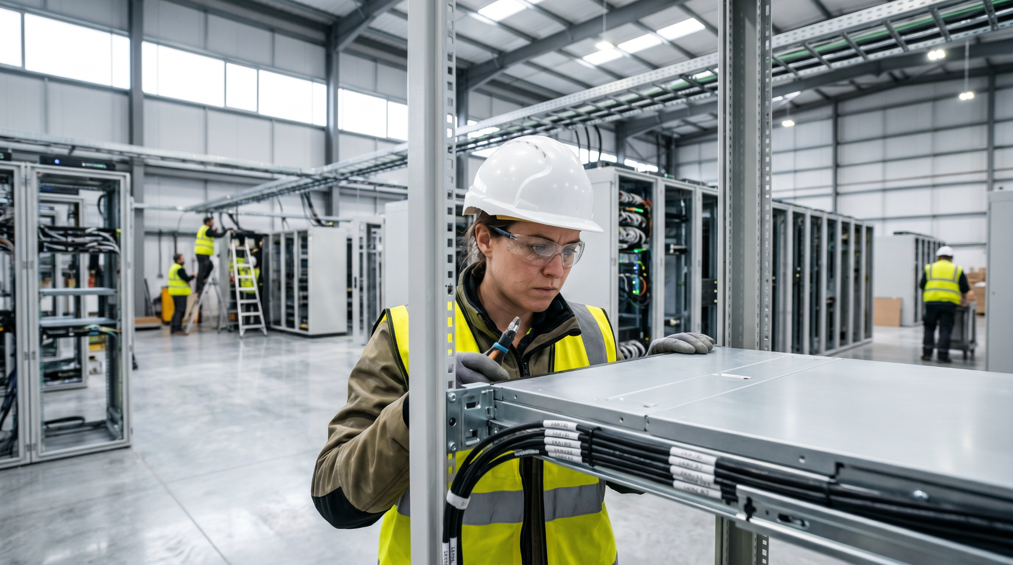 Worker in a hard hat and safety vest installing aluminum server racks in a data center