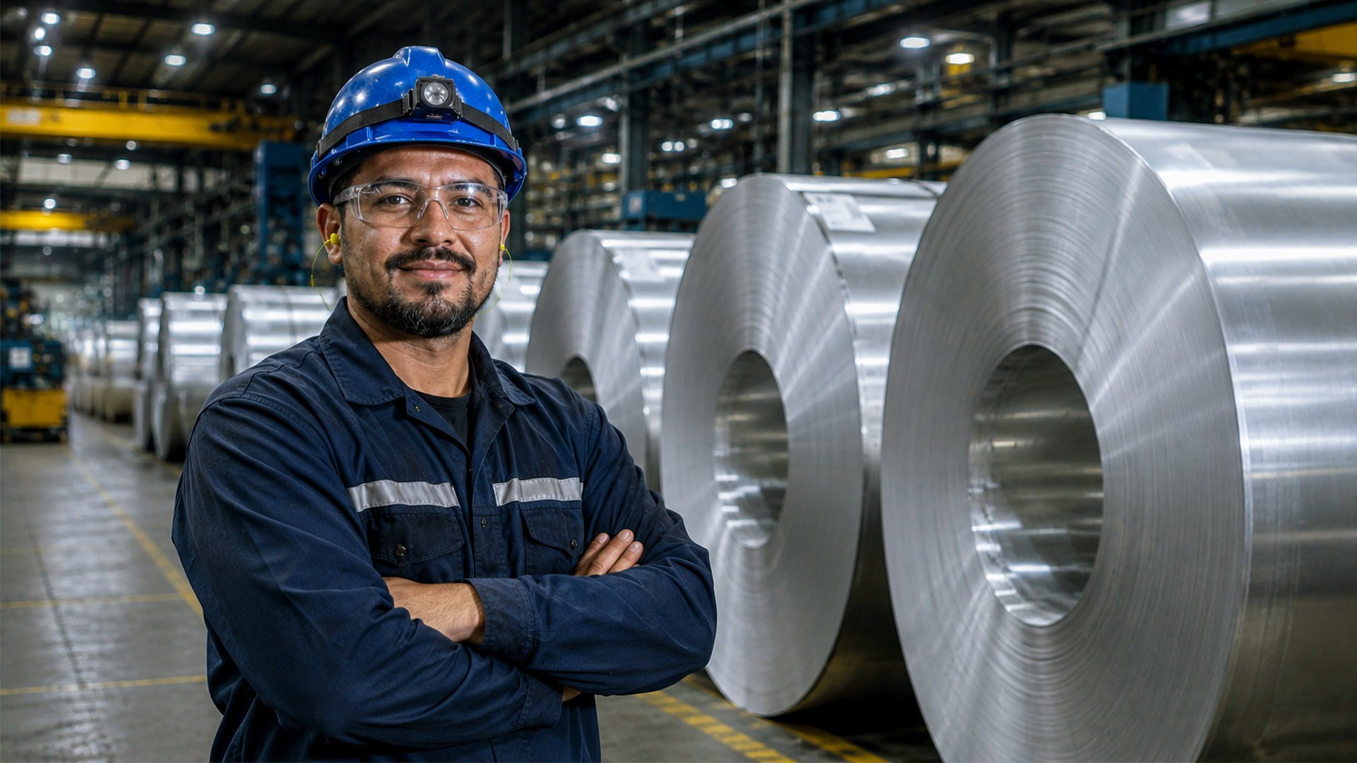 Mill worker in a blue hard hat and safety glasses stands with arms crossed beside rows of large aluminum coils.